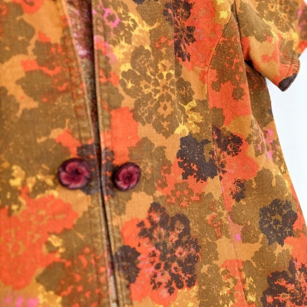 VTG Handmade 60s Floral Retro‎ Open Front Blouse Top Orange Brown Hippy Boho S